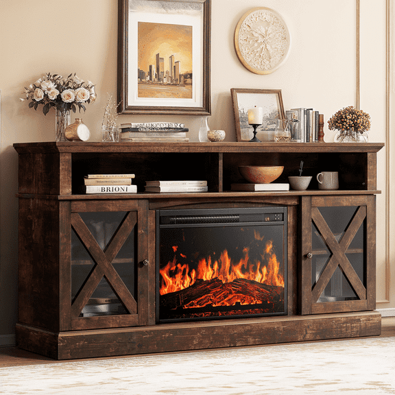 Electric Fireplace TV Stand for 75 inch TVs Farmhouse TV Console with 23″ Fireplace, Vintage Brown