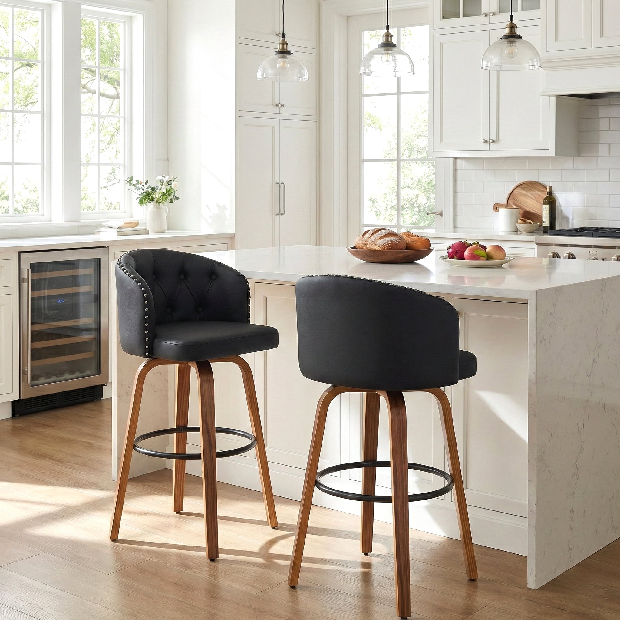 Fahomiss 26" Swivel Counter Height Bar Stools with Back Set of 2, Black Leather Kitchen Stools
