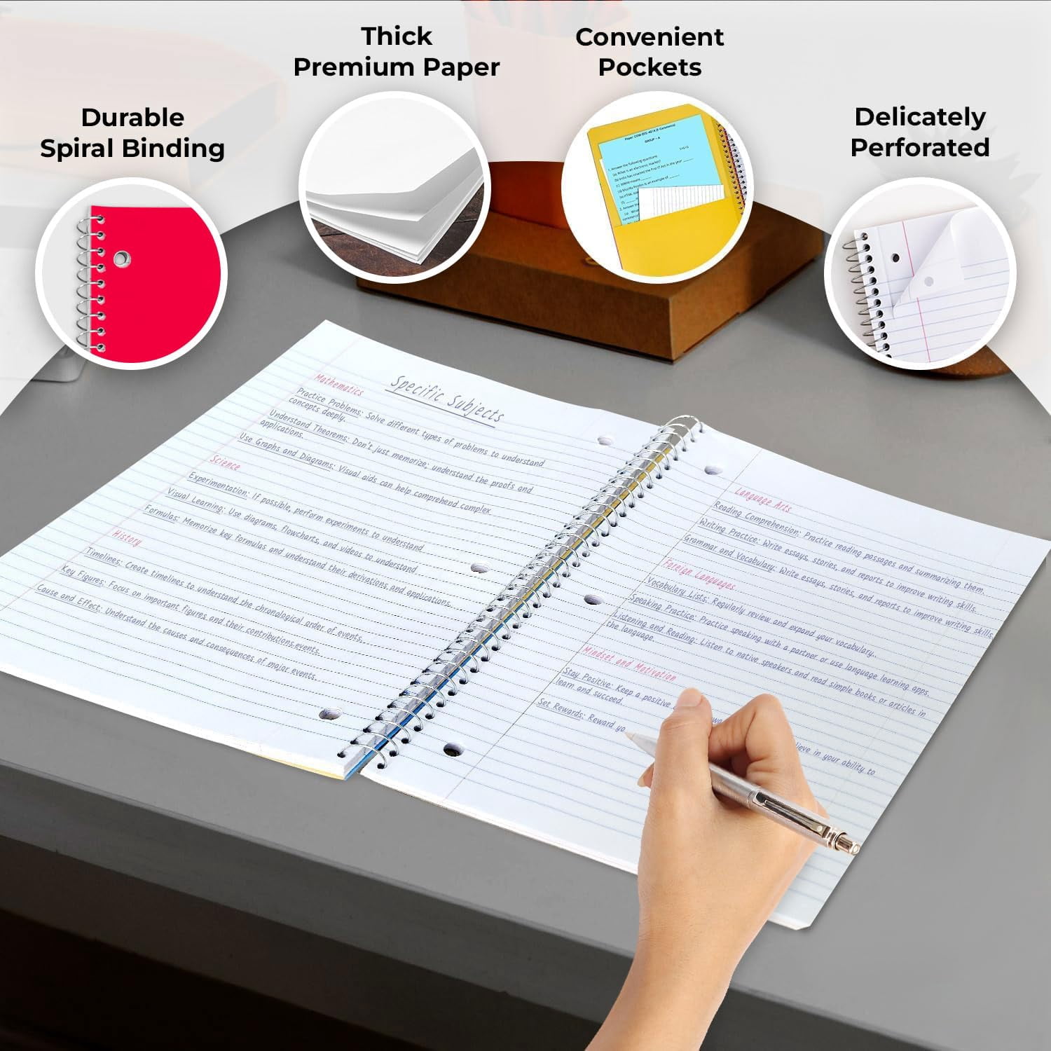 Rosmonde 5 Subject Notebook Wide Ruled, 6 Pack, 300 Pages (150 Sheets), 8 x 10-1/2", 5 Subject Spiral Notebook with Dividers, Thick Paper Fights Ink Bleed, 3 Hole Punched, Spiral Notebooks for School