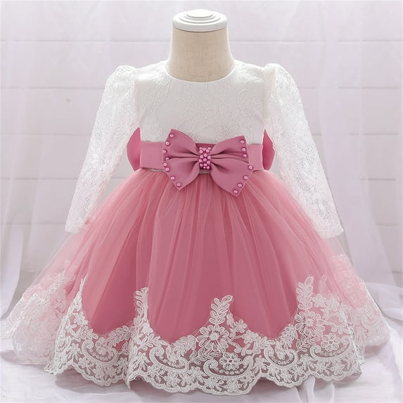 RTKFRFLM Baby Girls Lace Christening Gown Long Sleeve Tulle Tutu Birthday Party Dress Watermelon Red 18-24 Months