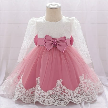 

Baby Girls Ruffle Long Sleeve Lace Bowknot Flower Dresses Pageant Party Wedding Princess Dress