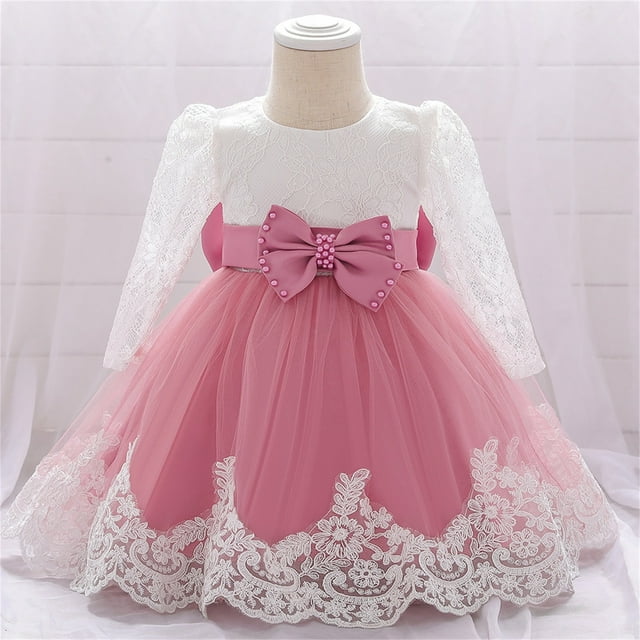 Robes pour Filles et Robe de Demoiselle d'Honneur pour Tout-Petits en Dentelle avec Nœud et Fleurs pour Fête et Mariage, Manches Longues, à Volants