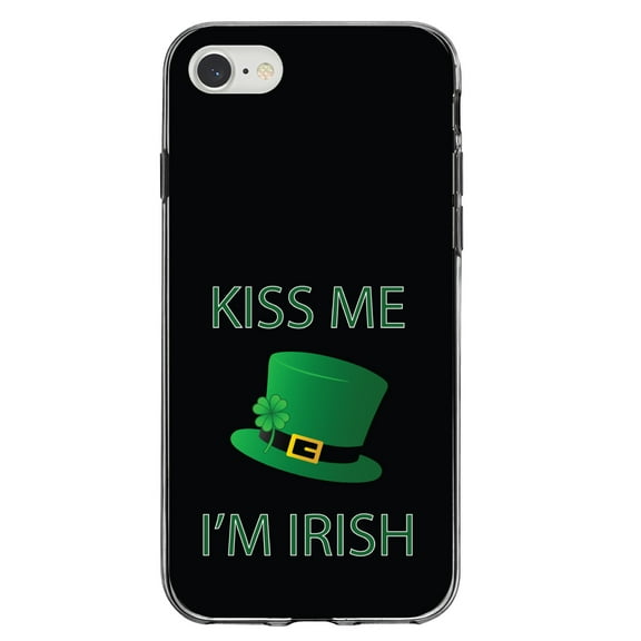 DistinctInk Clear Shockproof Hybrid Case for iPhone 7 8 SE (2020 Model) 4.7" Screen TPU Bumper Acrylic Back Tempered Glass Screen Protector - Black Green Kiss Me I'm Irish