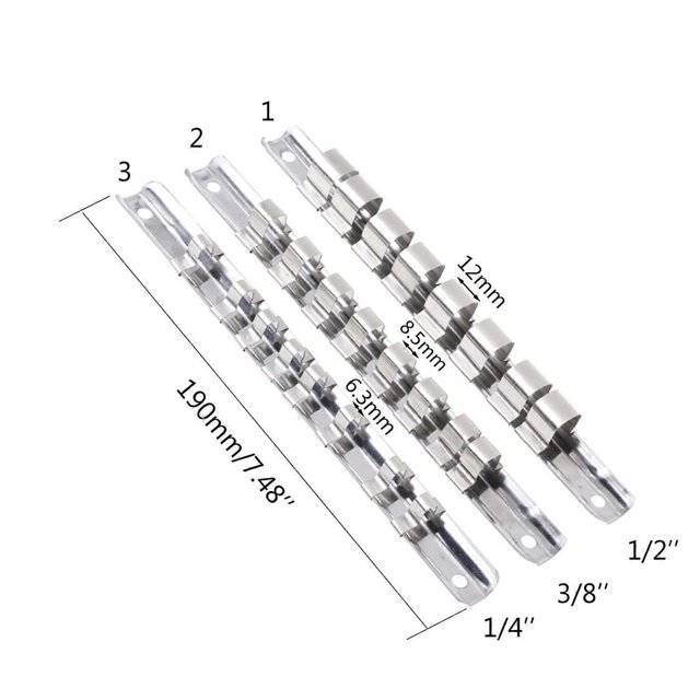 Socket Rack Holder 1/4" 3/8" 1/2" with 8 Clips On Rail Tool Organizer Storage 3/8