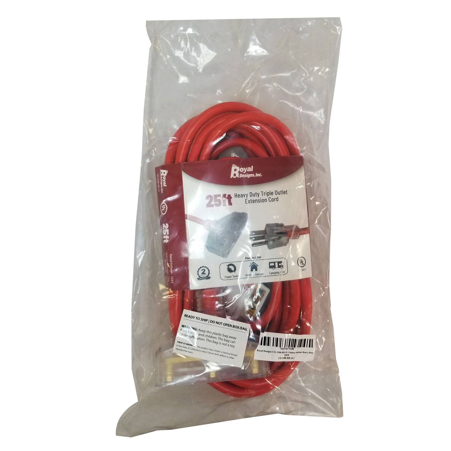 Royal Designs, Inc. Heavy Duty Extension Cord with Indicator light for Indoor & Outdoor, 25 ft long, Red, 3 Outlet Prong Grounded Wire UL Listed