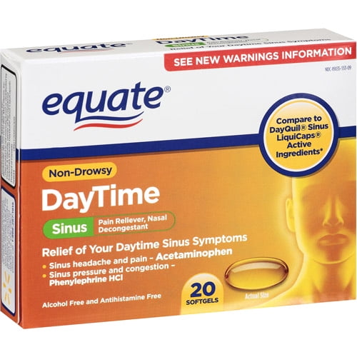 Equate Non-Drowsy Pain Reliever Nasal Decongestant Daytime Sinus, 20 ...