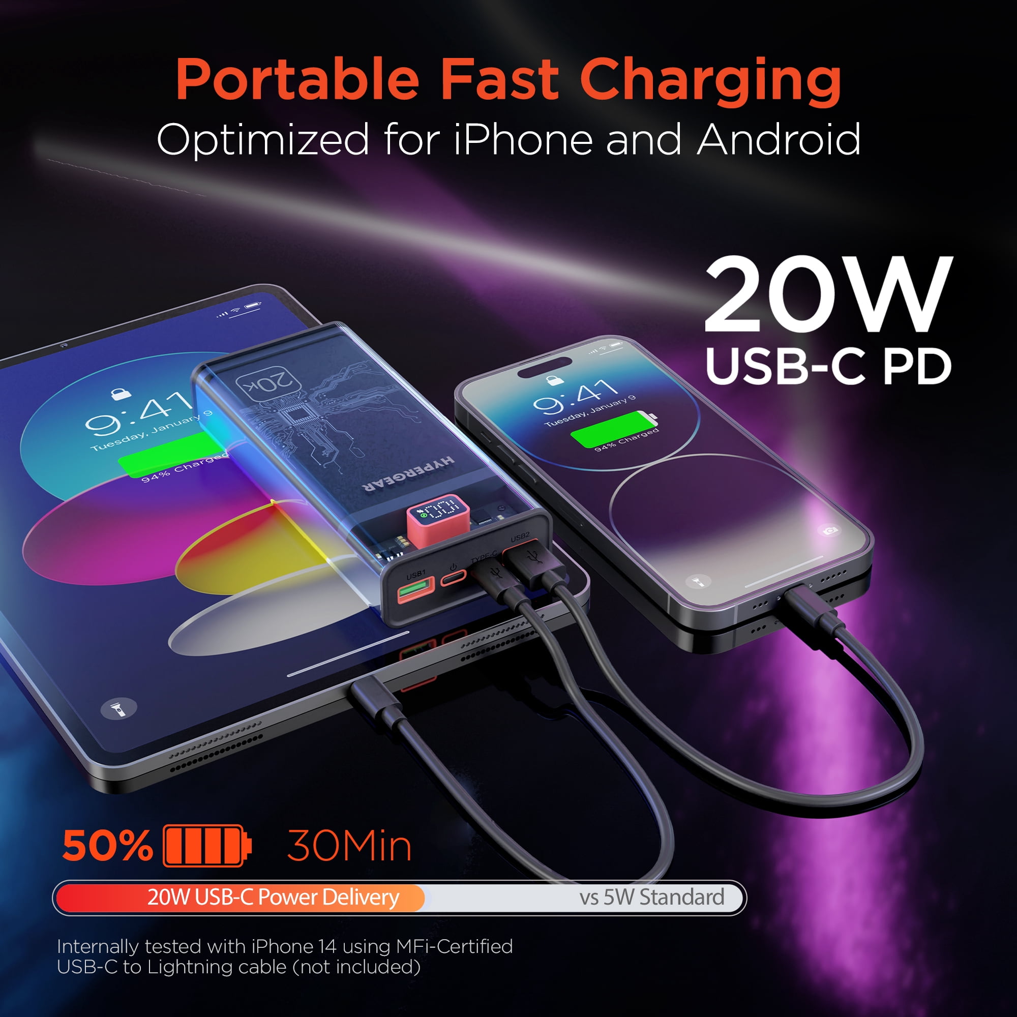 Hypergear 20000mAh USB Power Bank Transparent Black