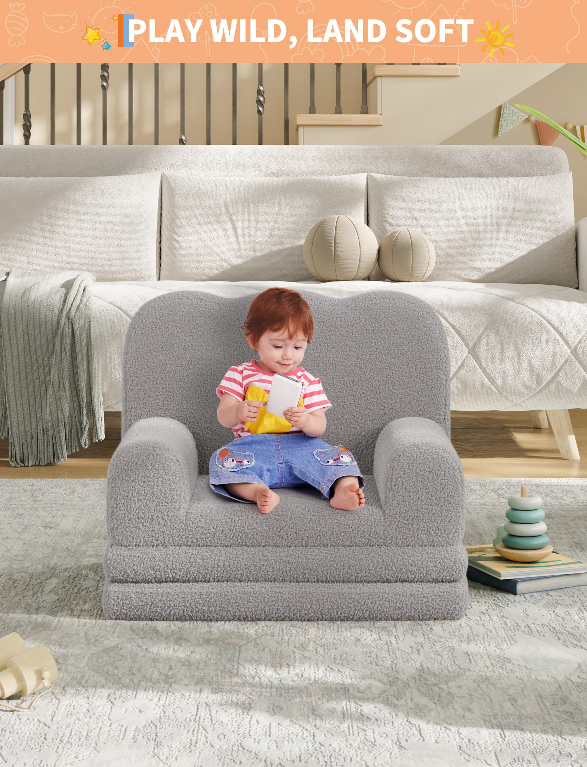 Kojooin Kids Couch, 2-in-1 Convertible Teddy Fleece Fabric Toddler Sofa Chair, Soft Fold Out Couch Lounger for Kids, Comfy Children's Sofa Bed for Playroom, Nursery, Birthday Gift