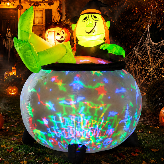 SANMADROLA Halloween Inflatables Outdoor Yard Decoration 5 ft Blow Up with Built-in LED and Projection for Holiday Lawn Party Yard Garden Decor Witch