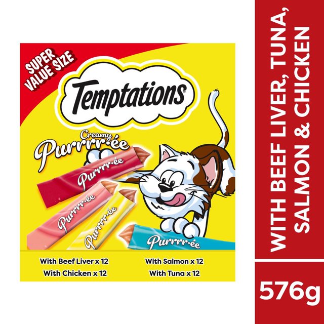 Temptations Purée Crémeuse avec Foie de Bœuf, avec Saumon, avec Poulet et avec Thon Gâteries à Lécher pour Chats Adultes 48 Tubes 576g