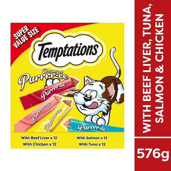 Gâteries pour chats adultes TEMPTATIONS Purrrr∙ée crémeuse avec foie de bœuf, avec saumon, avec poulet et avec thon 48 x 12 g