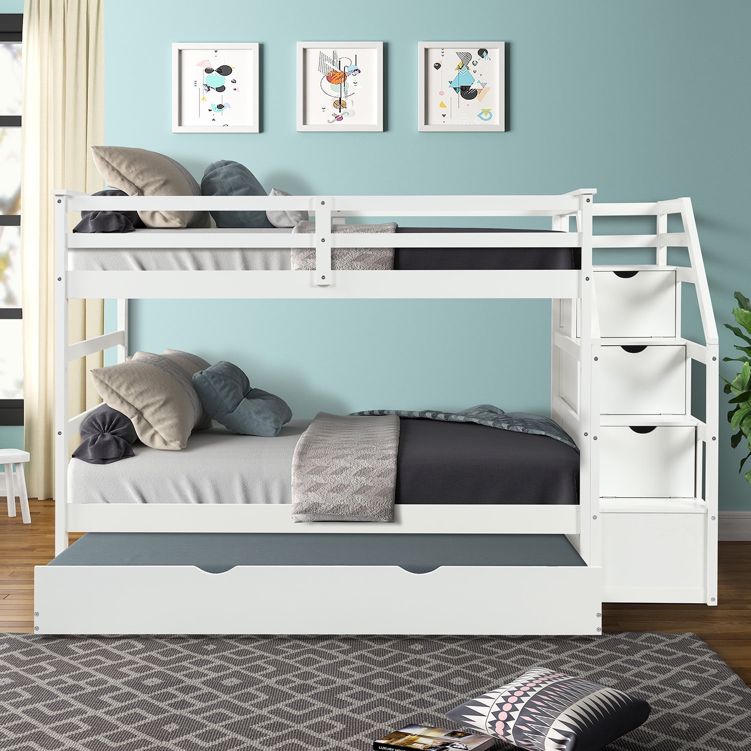 Lowestbest Solid Wood Twin-Over-Twin Bunk Bedd with Twin Size Trundle and 3 Storage Stairs - White