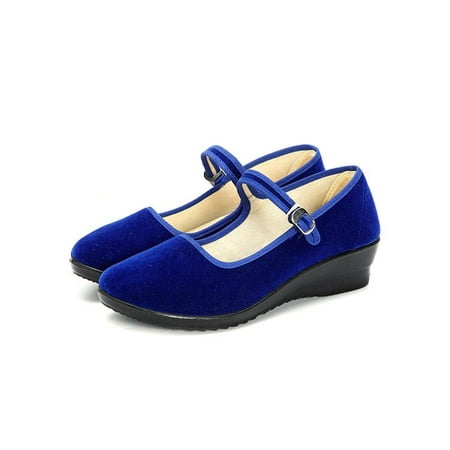 Black Patent Mary Jane Shoes - Womens Ladies Mid Wedge Heel Mary Jane Strap Shoes for Casual / Hotel Work - Ballet Cotton Dancing shoes