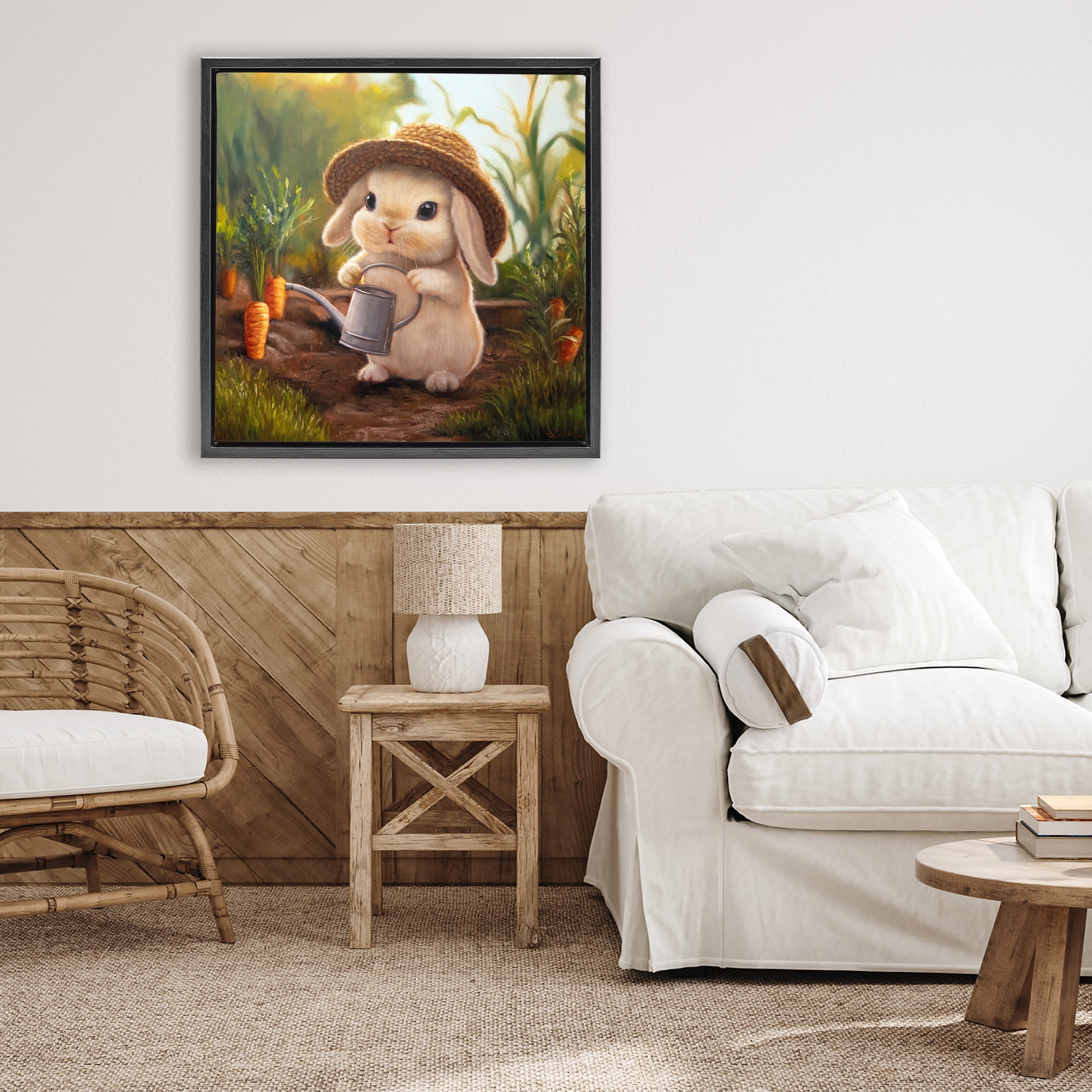 Stupell Industries Bunny with Carrot Garden Black Framed Floater Canvas Wall Art, design by Lucia Heffernan
