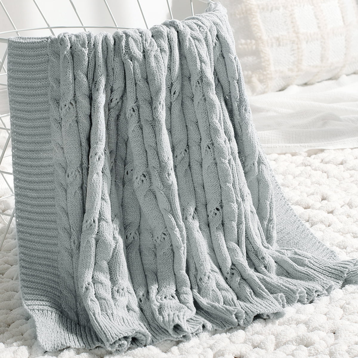 Carriediosa Cable Knit Throw Blanket Farmhouse Decor for Couch Chair Bed Sofa, 60" x 80" Light Grey