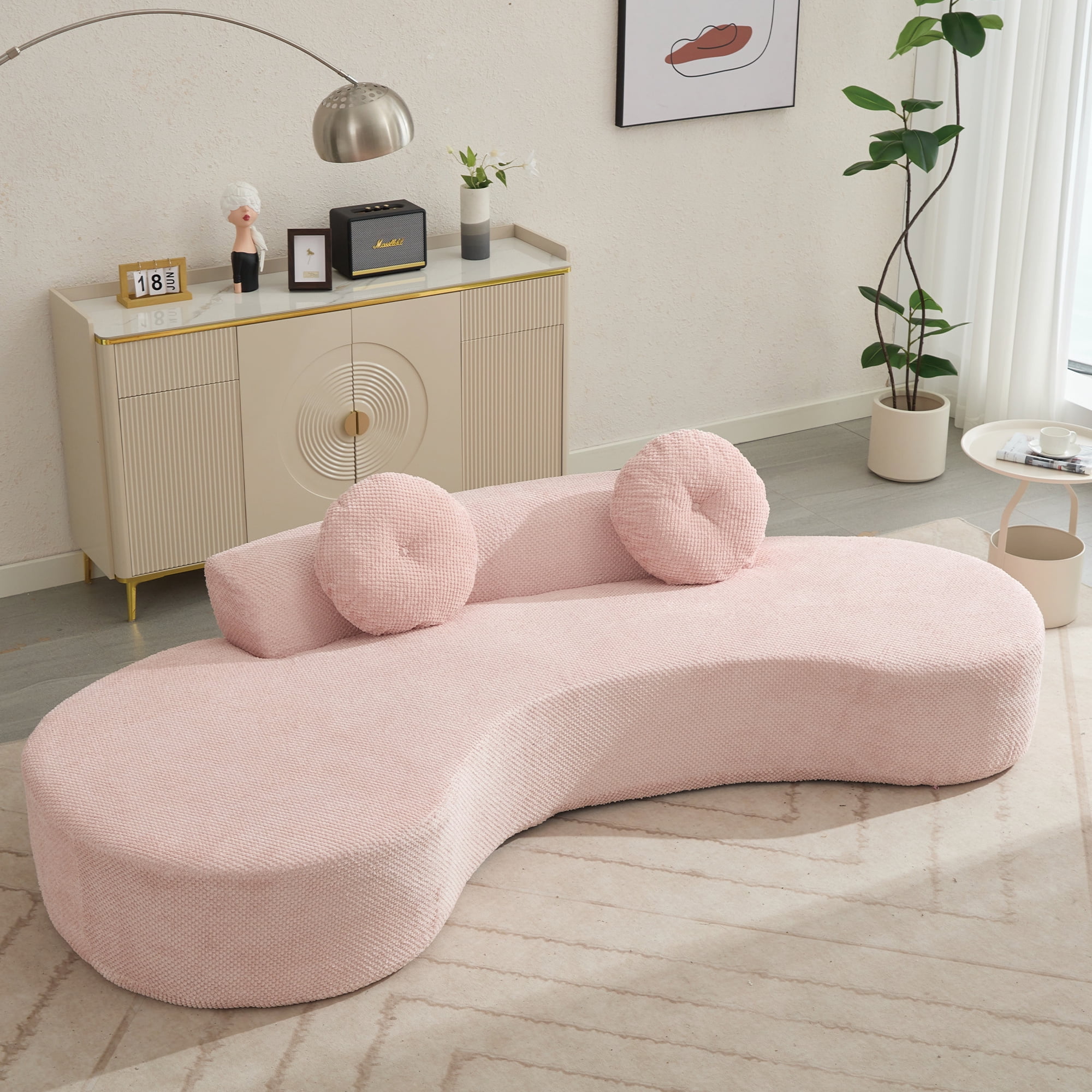 Aukfa 106" Curved Chaise Sofa Deep Seat Sofa for Living Room, 2 Pillows, Corduroy, Pink