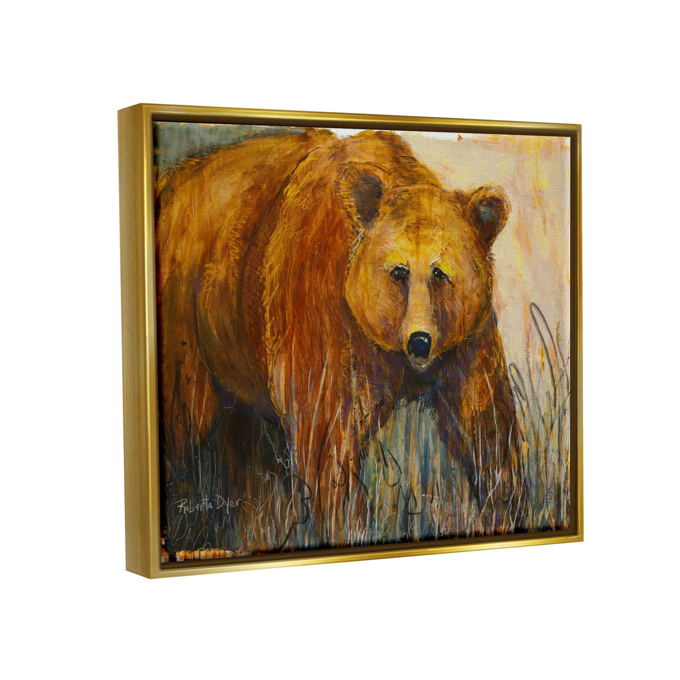 Stupell Industries Modern Bear Wildlife Scene Painting Metallic Gold Floating Framed Canvas Print Wall Art, Design by Roberta Dyer