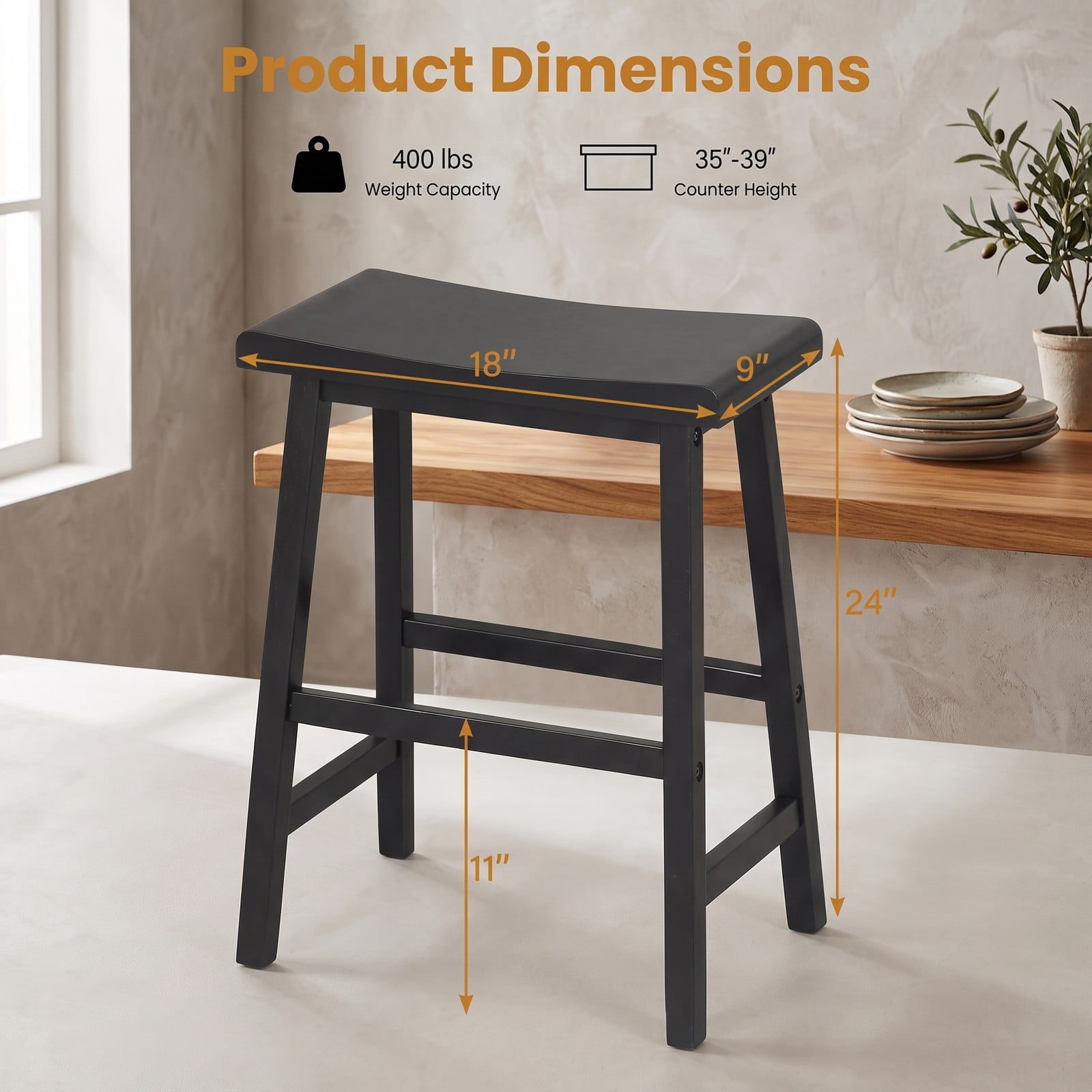 Furnibear 24 Inch Counter Height Bar Stools Set of 2, Solid Wood Saddle Backless Kitchen Island Stools with Footrest and Anti-Slip Pads, 400 lb Capacity, Black