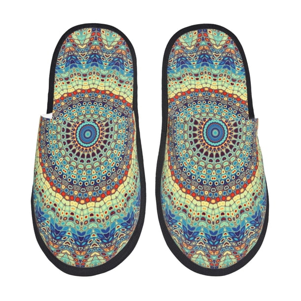 Fotbe Round Mandala1 Pantuflas Peludas para Mujer con Estampado, Zapatillas de Peluche, Zapatos de Invierno para Casa, Uso Interior y Exterior-Medium