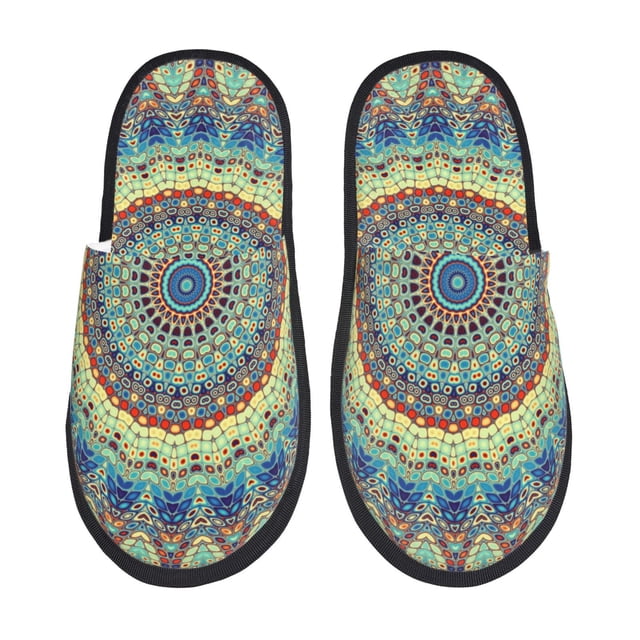 Fotbe Round Mandala1 Pantuflas Peludas para Mujer con Estampado, Zapatillas de Peluche, Zapatos de Invierno para Casa, Uso Interior y Exterior-Medium
