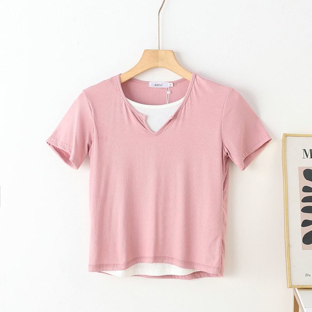 Fiudx Liquidación de Ahorros de Verano Camiseta de Manga Corta de Color Sólido Informal a La Moda para Mujer, Top de Manga Corta