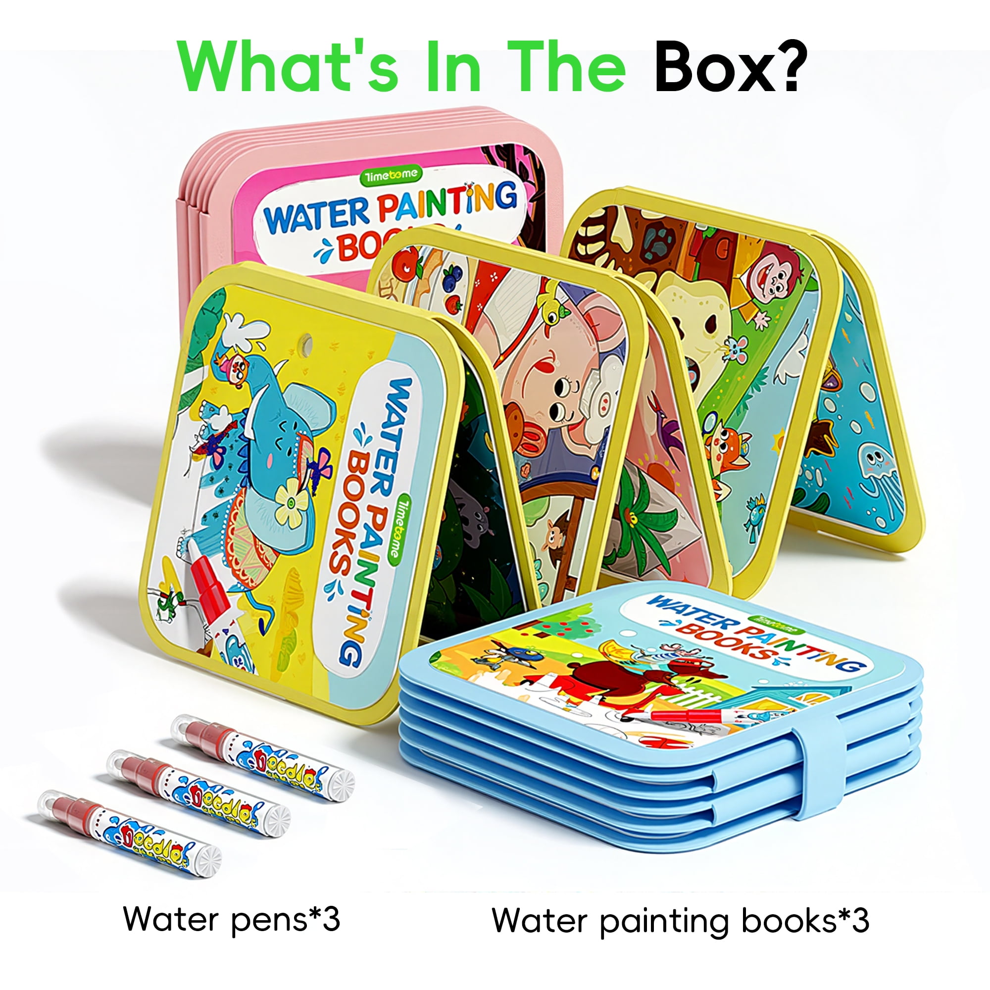 Timetome Reusable Water Painting Book - 3 Pack Magic Watercolor Books with Water Pens, 30 Coloring Book Pages for Kids Fairy Tale, Animal & Dinosaur Themes | No Mess Paint & Reusable Fun for Ages 3+