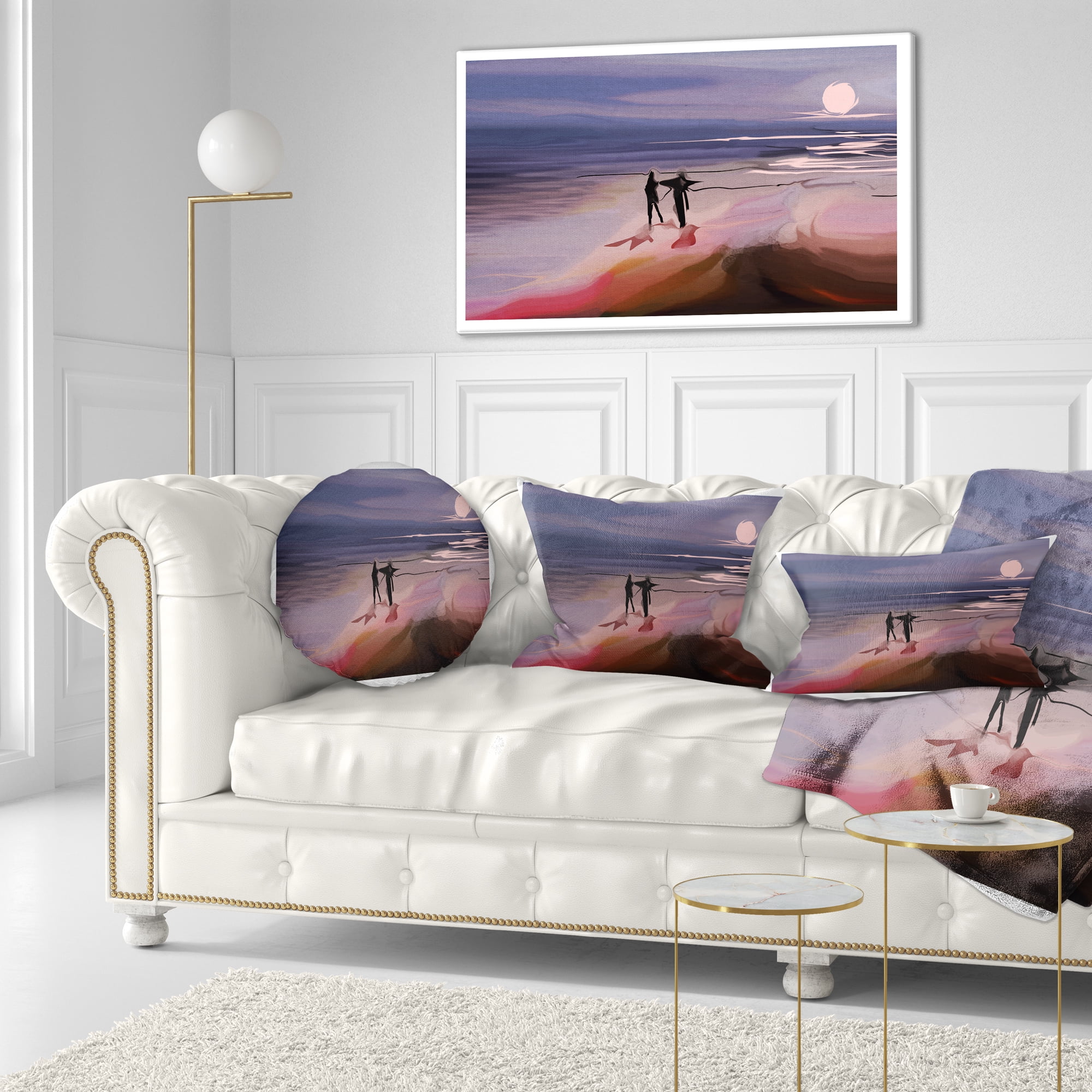Designart Couple Walking near Ocean at Night - Seashore Photo Throw Pillow - 12x20