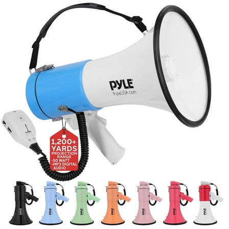 Lightweight and Portable Bullhorn Megaphone, Aux (3.5mm) Input for MP3/Music, Automatic Siren, 50-Watt, MIC/TALK (White)