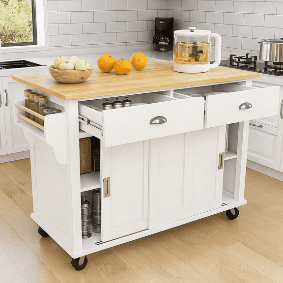 Kitchen Cart with Rubber wood Drop-Leaf Countertop, Concealed sliding barn door adjustable height,Kitchen Island on 4 Wheels with Storage Cabinet and 2 Drawers,L52.2xW30.5xH36.6 inch, White