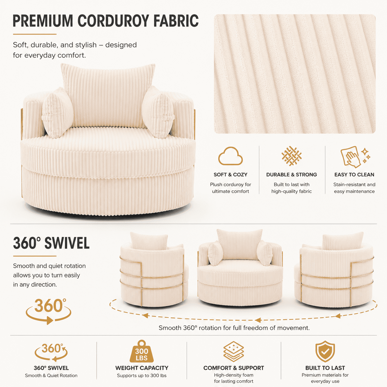 MOONMISS Swivel Barrel Accent Chair with Hidden Storage,Corduroy Round Single Sofa,Gold Metal Frame,for Living Room Reading Nook,Beige