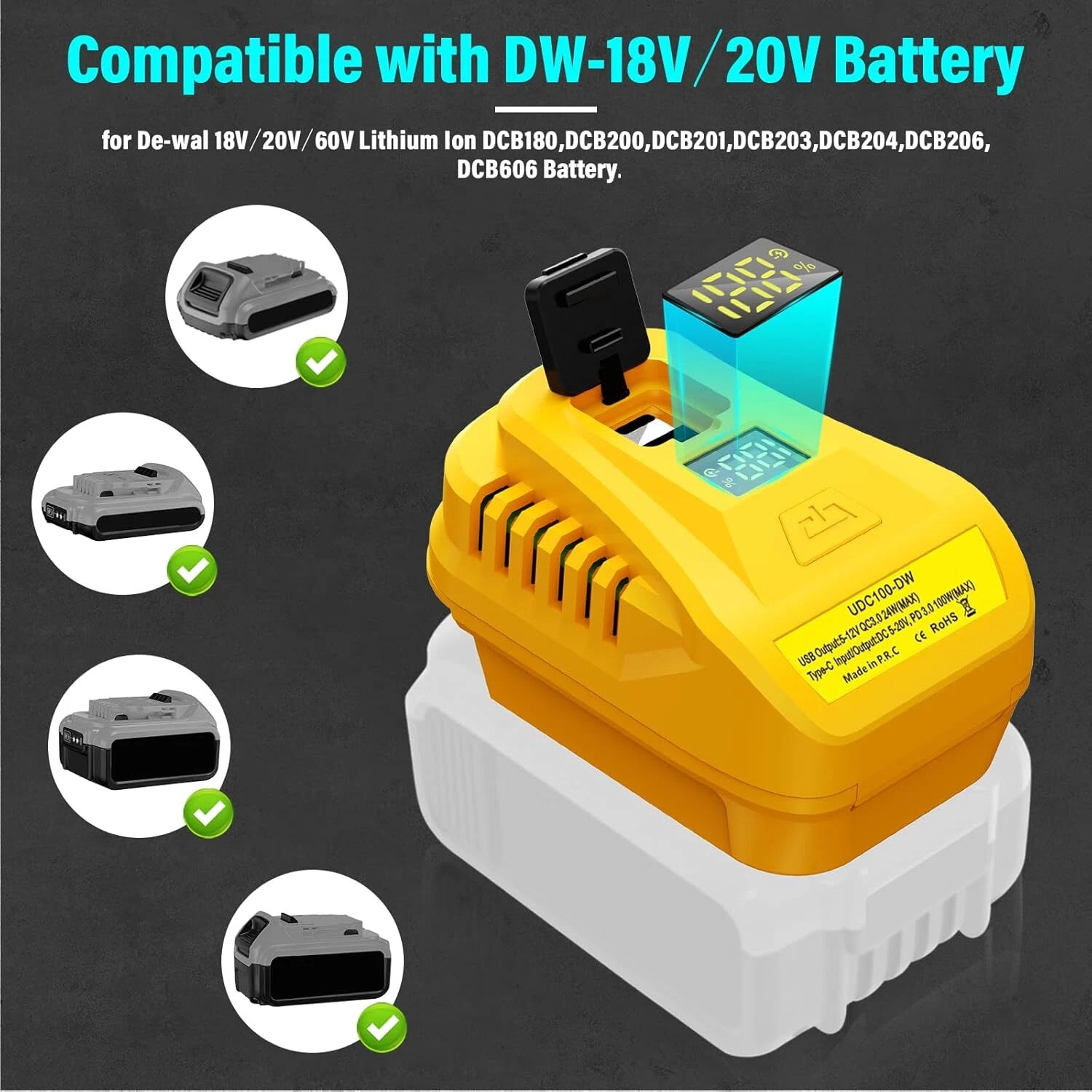 100W USB Charger Adapter for DeWalt 20V QC3.0 Type-C USB Port with LED Display