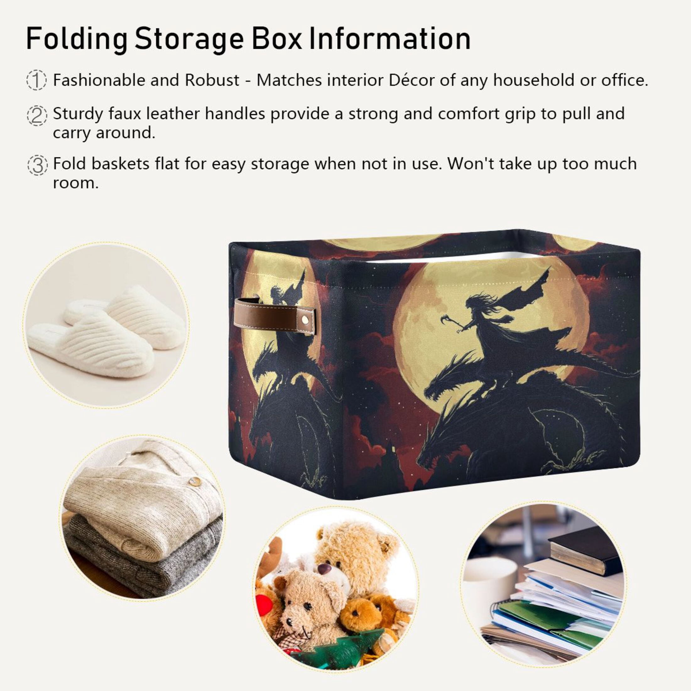 WOBOGO Witch and Black Dragons Square Storage Basket with Waterproof Canvas and PE Lining Durable PU Leather Handles 14.2×10.2×8.3in