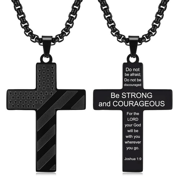 American Flag Cross Necklace for Men, Inspirational Bible Verse Pendant Patriotic Jewelry, Christian Religious Scriptures Faith Baptism First Communion Gifts, 24 Inches