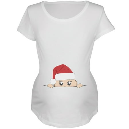 

Peeking Christmas Santa Hat Baby White Womens Soft Maternity T-Shirt - Medium