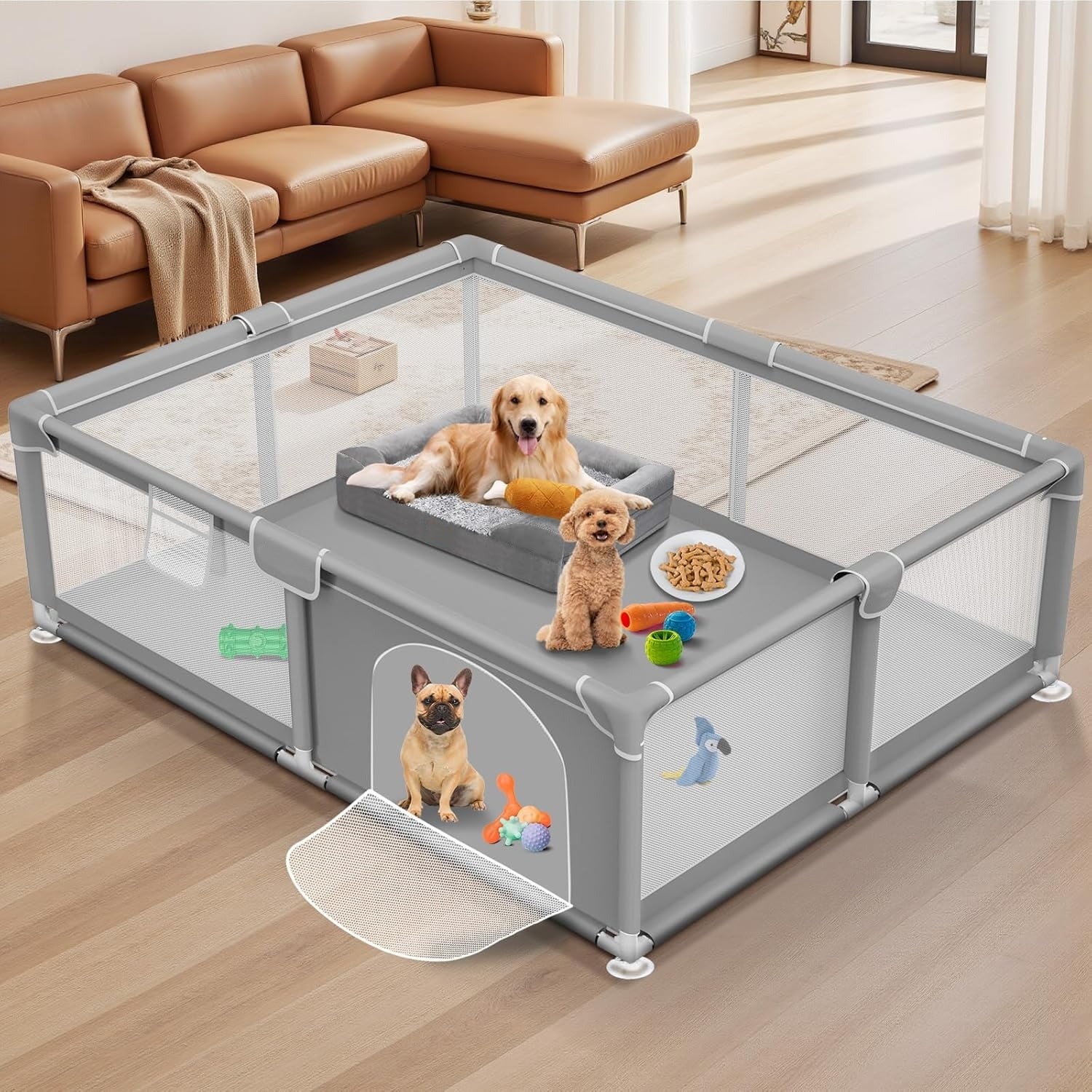 Dog Playpen with Door, 47.24 x 47.24 x 23.62 Inch Pet Exercise Pen for Puppies and Small Dogs, Durable Safety Fence with Reinforced Fabric and Nylon Mesh, Portable Indoor Outdoor Play Yard, Washable