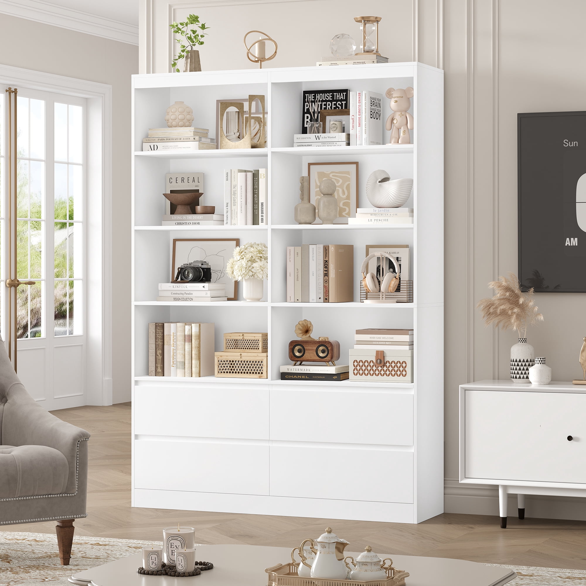 Homfa 71″ Tall Bookcase with 4 Drawers, 8 Cubes 6-Tier Double Row Bookshelf, White Bookcase for Home Office Living Room