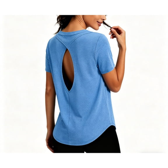 Activewear for Women Round Neck Athletic T-Shirt with Back Cutout Short Sleeves Summer Top with Cooling Fabric Blue M