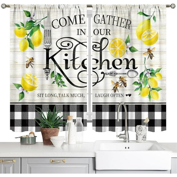 Farmhouse Rustic Lemon Kitchen Curtains Country Fork Spoon Short Cafe Curtains Buffalo Plaid Spring Fruit Kitchen Window Curtains for Dining Room Rod Pocket Window Drapes 2 Panels Set 26x36 Inch