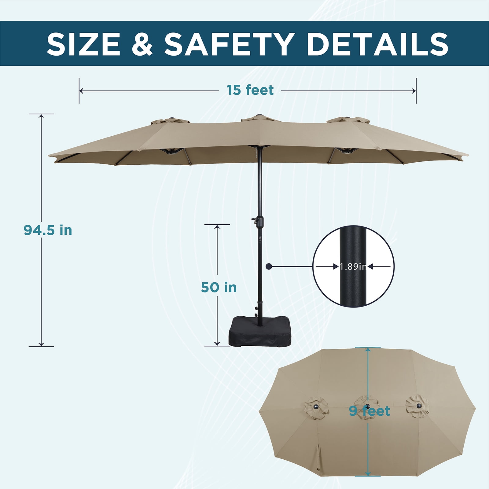 AE Outdoor 15FT Triple-Head Patio Umbrella with Base & Sandbags – Double-Tier Vented Canopy, Smooth Crank Lift, UV & Water Resistant Fabric – Perfect for Outdoor Dining, Poolside