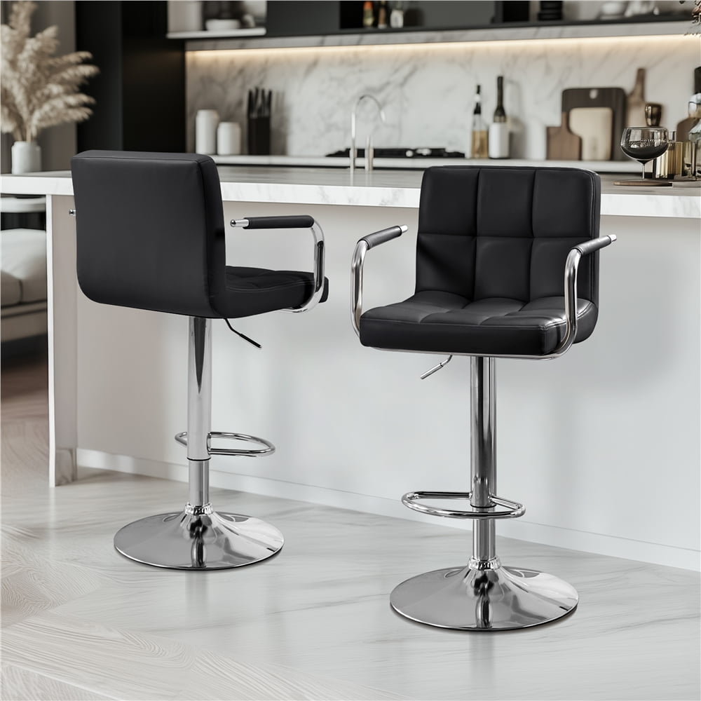 Alden Design Adjustable Swivel Bar Chair Modern Faux Leather Bar Stools, Set of 2, Black