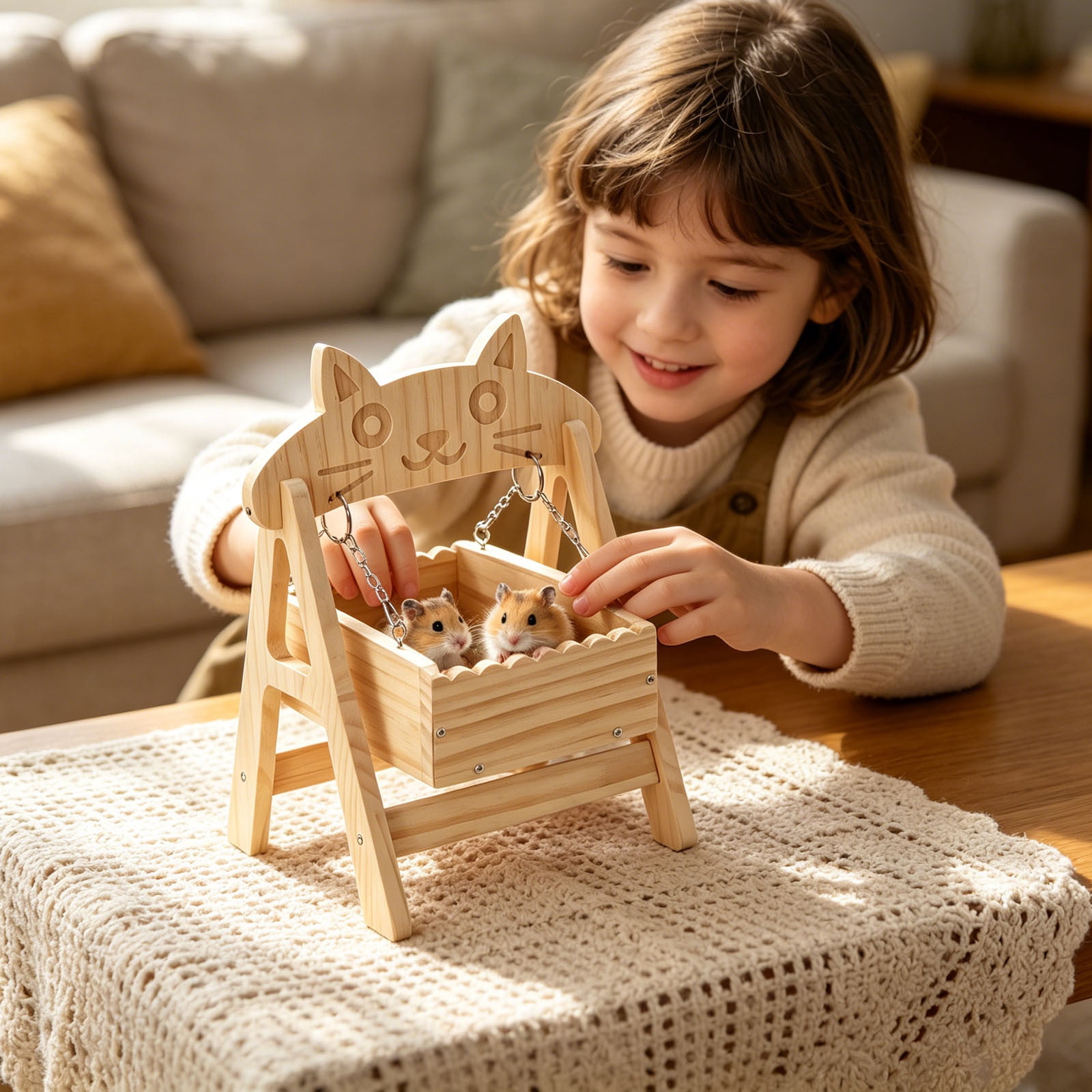 Natural Wood Hamster House 13 Inch Chew-Proof Small Animal Hideout Cage Decor Indoor Habitat Rest Shelter for Gerbils Mice Bunny Ferrets