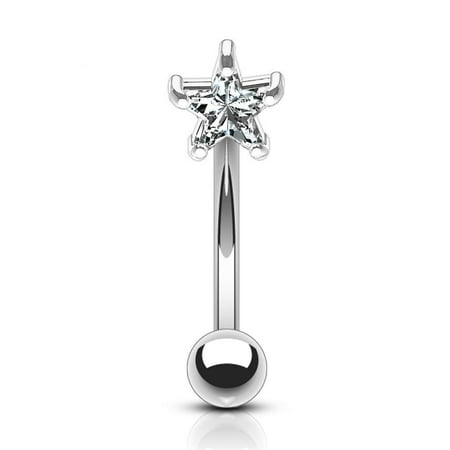 Eyebrow Ring Curved Barbell 14K Solid Gold with Prong Star Cubic Zirconia
