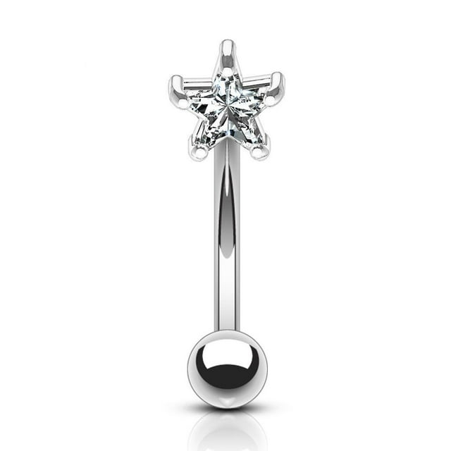 Eyebrow Ring Curved Barbell 14K Solid Gold with Prong Star Cubic Zirconia