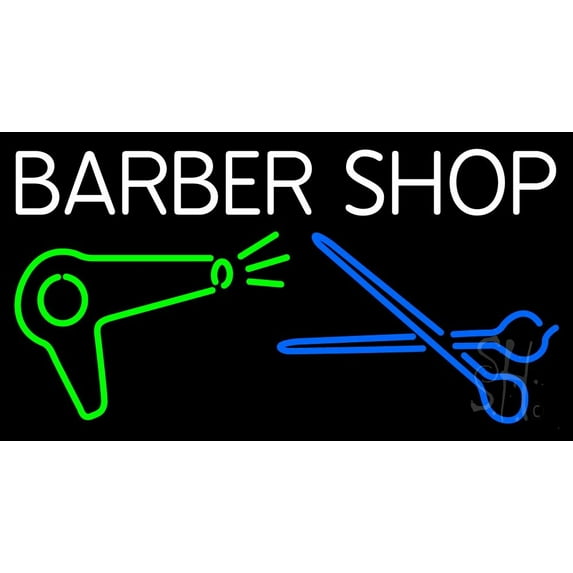 Barber Shop With Dryer And Scissor LED Neon Sign 20 x 37 - inches, Black Square Cut Acrylic Backing, with Dimmer - Bright and Premium built indoor LED Neon Sign for Defence Force.