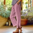 thumbnail image 2 of Seductiva Women's Casual Pants Women Solid Straight Solid Elastic Pants Long Drawstring Linen Women Waist Cotton Casual Button Slit Trouser Legs Pants Business Work Casual Pants, 2 of 5
