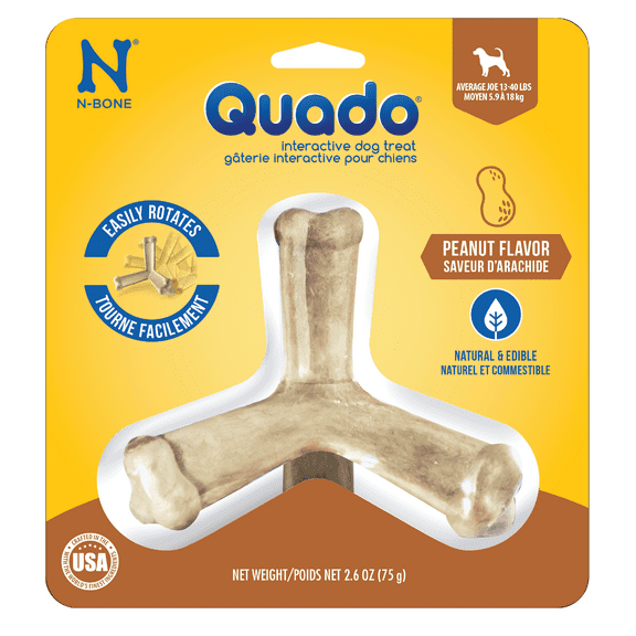 N-Bone® Quado® Dried Interactive Dog Chews, Peanut Flavor, Average Joe, Medium, 1ct, 2.6oz - Natural, Edible, 100% Digestible Dog Chews Alternative to Plastic Toys - for Small & Medium Dogs
