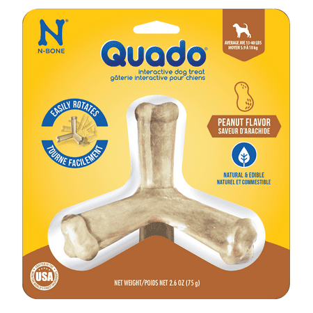 N-Bone® Quado® Dried Interactive Dog Chews, Peanut Flavor, Average Joe, Medium, 1ct, 2.6oz - Natural, Edible, 100% Digestible Dog Chews Alternative to Plastic Toys - for Small & Medium Dogs