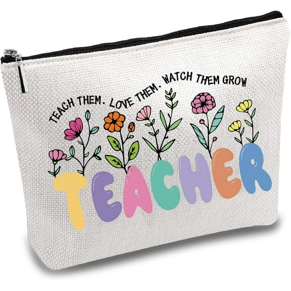 Teacher Makeup Bags Canvas Cosmetic Bag Flower Polycotton Multi Purpose Colorful Pencil Case Zipper Pouches Toiletry Travel Bag Purse for DIY Women Friend Bestie Birthday Gifts 10 x 7Inch