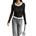 thumbnail image 2 of Women's Long Sleeve Scoop Neck Shirts Casual Fake Two Pieces Slim Fit Rib Knit Tops Summer Fall Work Tee, 2 of 10