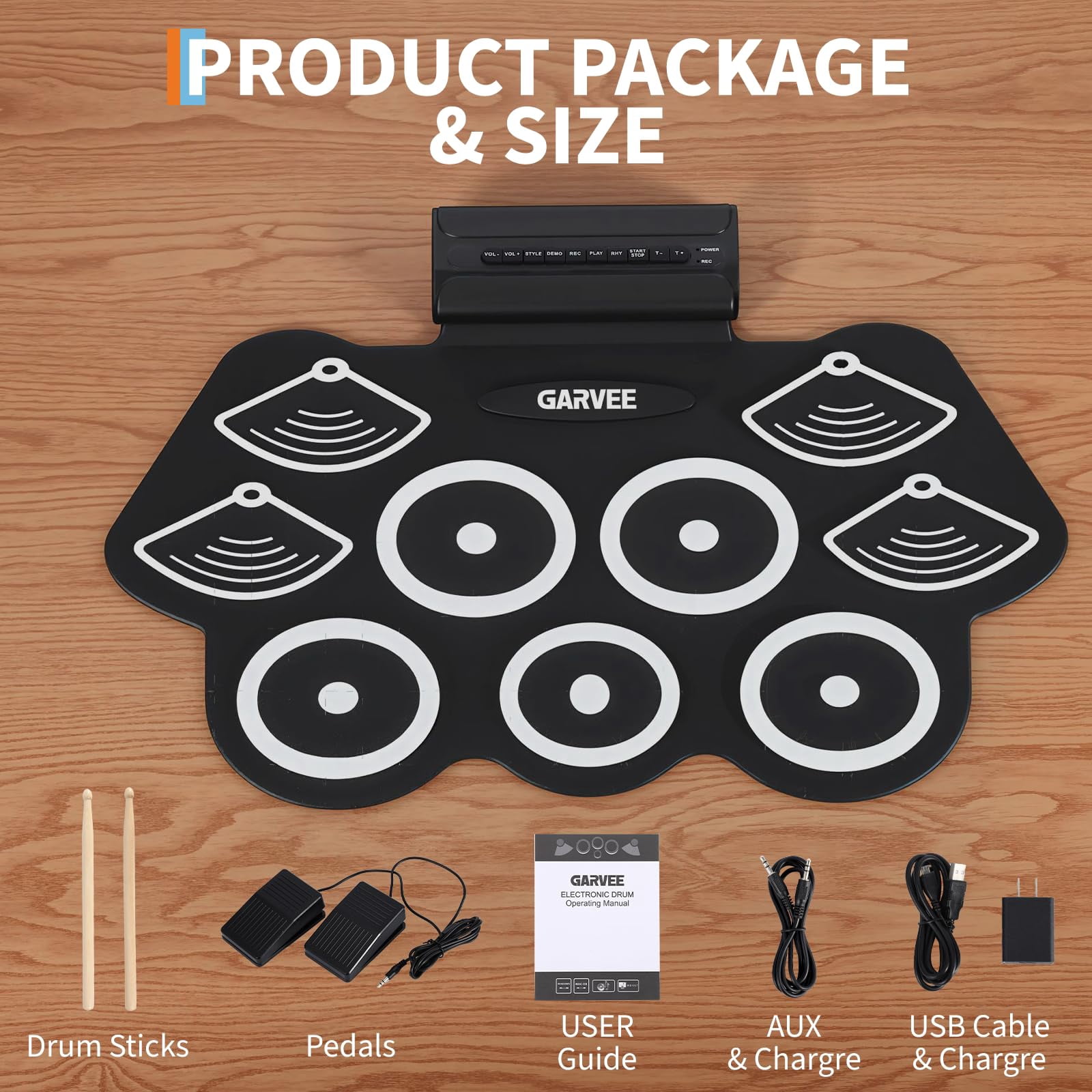 9-Pad Bluetooth Electronic Drum Set - Portable Roll-Up Pad with Headphone Jack, Recording, Sticks & Pedal, Perfect for Kids
